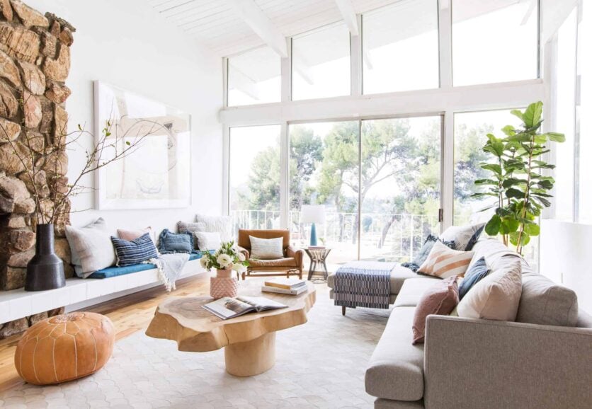 Emily Henderson Living Room Staged To Sell Boho Mid Century Eclectic Blue White Styled Couch Sectional Staged12